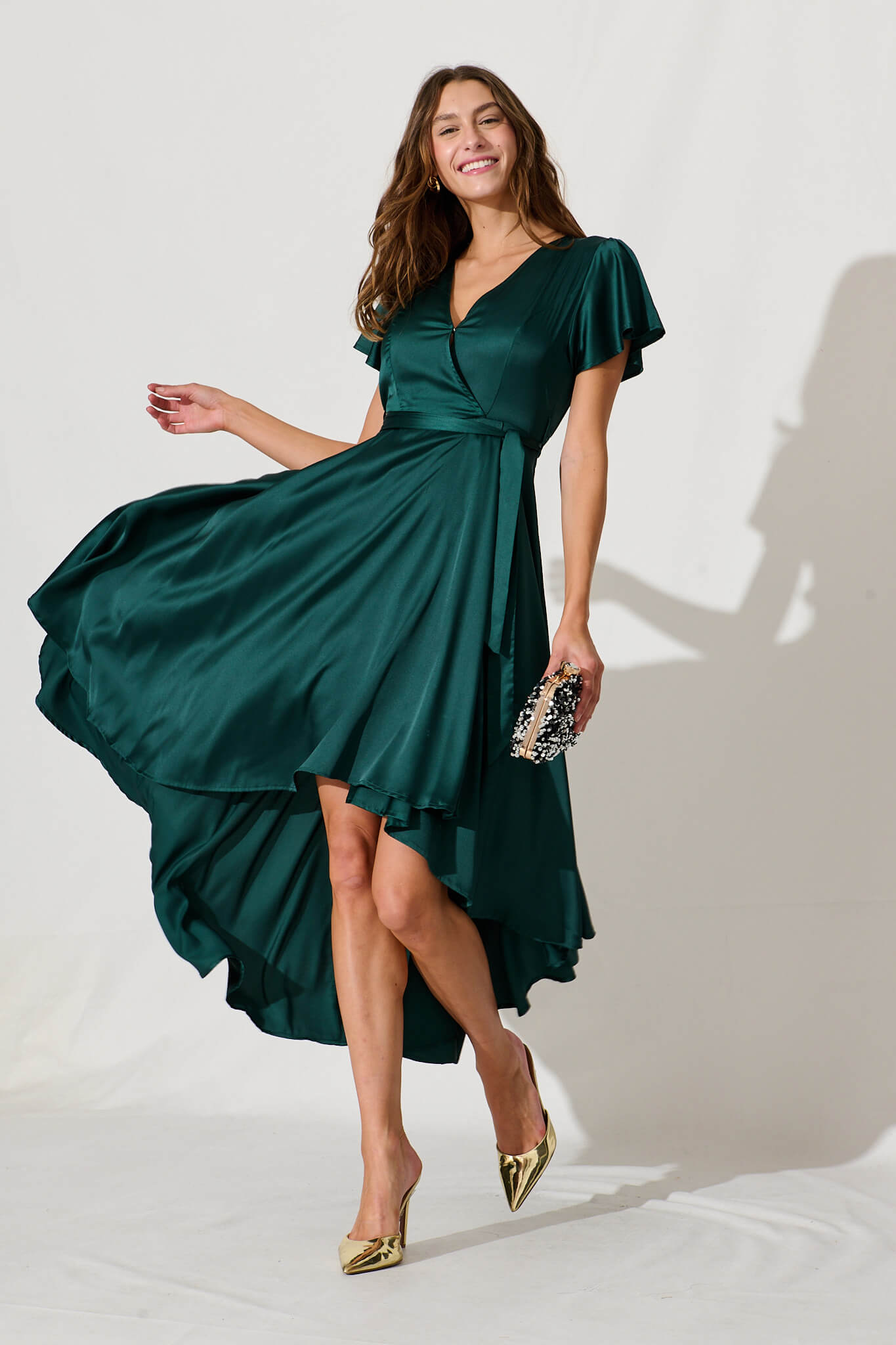 Loulou Maxi Dress In Emerald Satin - full length