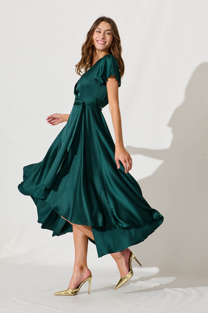 Loulou Maxi Dress In Emerald Satin - side