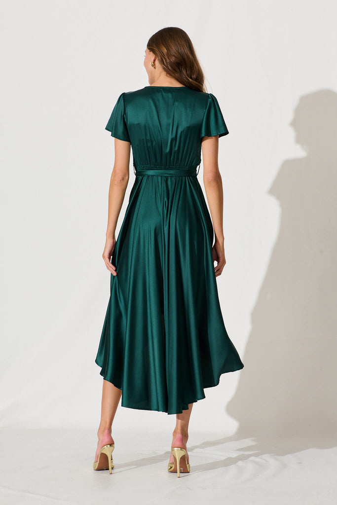 Loulou Maxi Dress In Emerald Satin - back