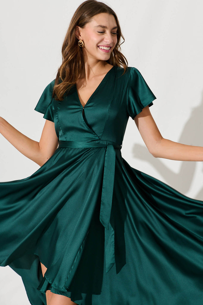 Loulou Maxi Dress In Emerald Satin - front