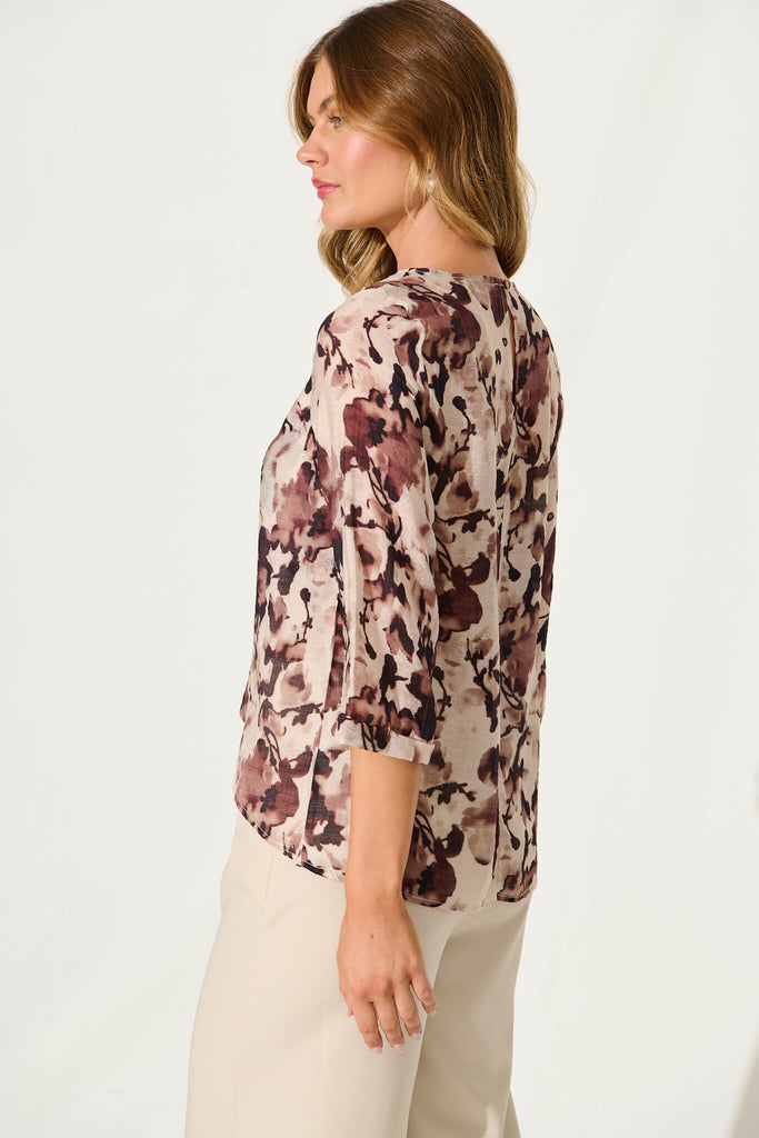 Maddy Top In Chocolate Floral Cotton Blend - side