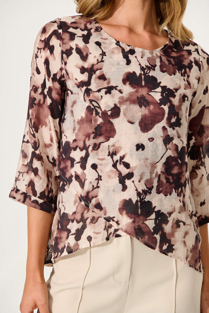 Maddy Top In Chocolate Floral Cotton Blend - detail