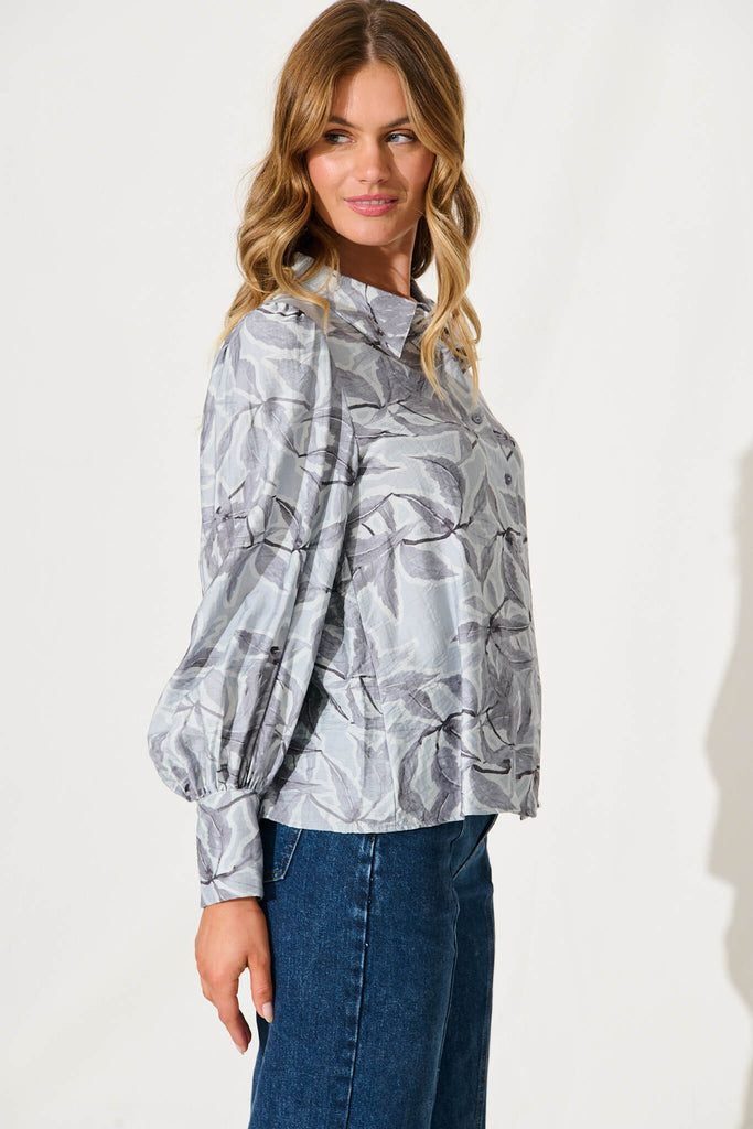 Picton Shirt In Grey Leaf Print Cotton Blend - side