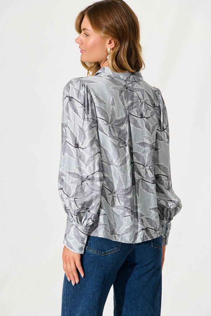 Picton Shirt In Grey Leaf Print Cotton Blend - back