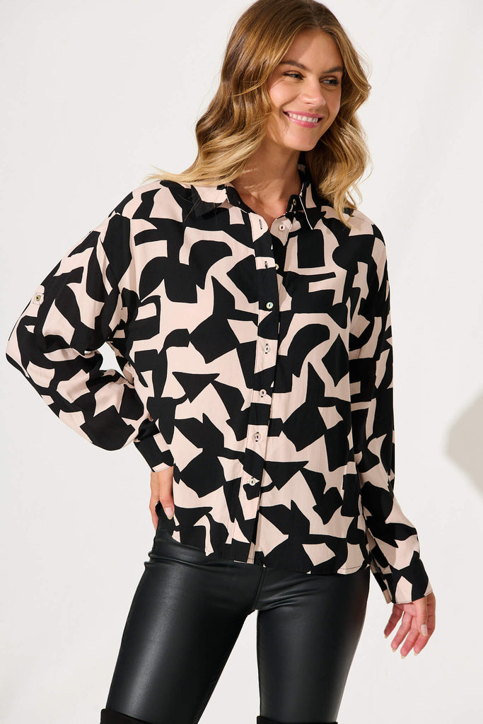 Greta Shirt In Black And Sand Geometric Print - front