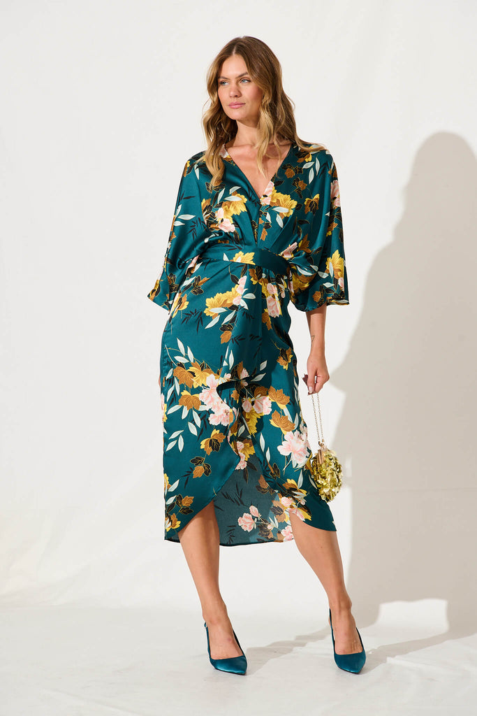 Joyful Midi Dress In Emerald With Blush Floral Satin - full length