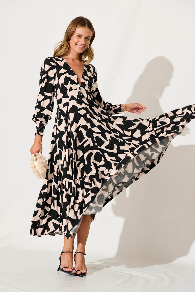 Neveena Maxi Dress In Black And Sand Geometric Print - full length
