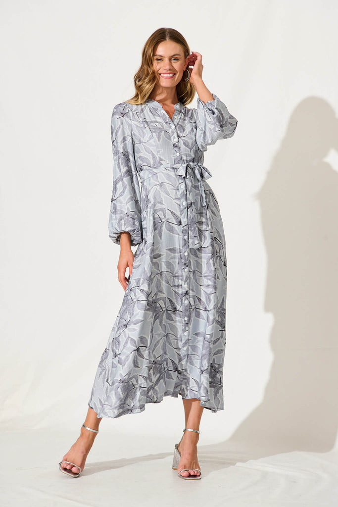 Lorie Maxi Shirt Dress In Grey Leaf Print Cotton Blend - full length