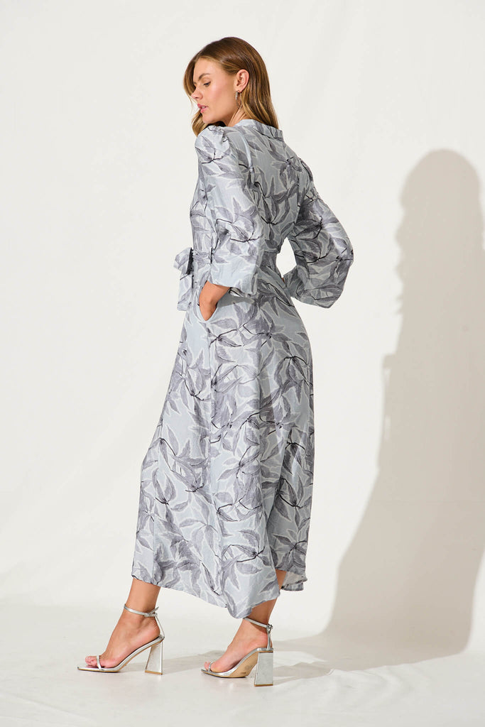 Lorie Maxi Shirt Dress In Grey Leaf Print Cotton Blend - back