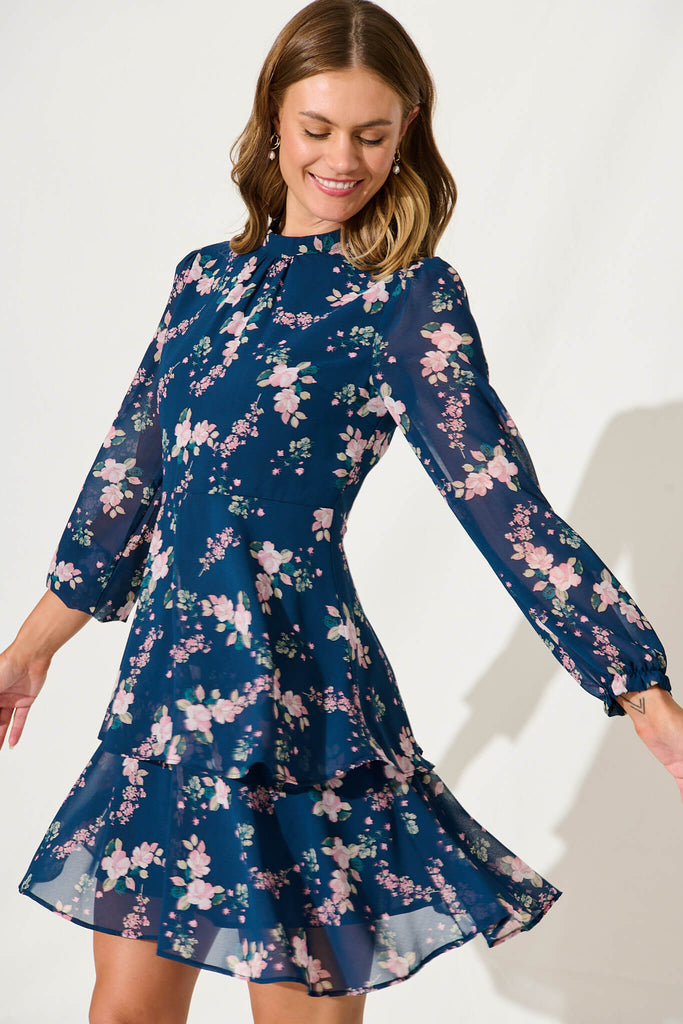 Aurelia Dress In Navy With Pink Floral - front