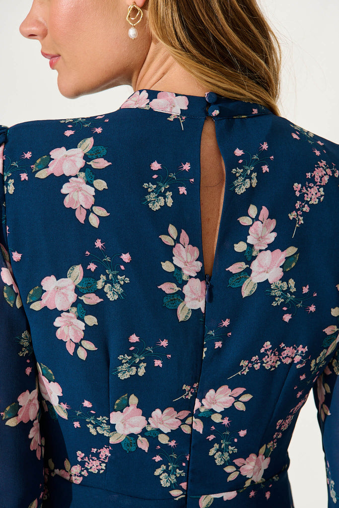 Aurelia Dress In Navy With Pink Floral - detail