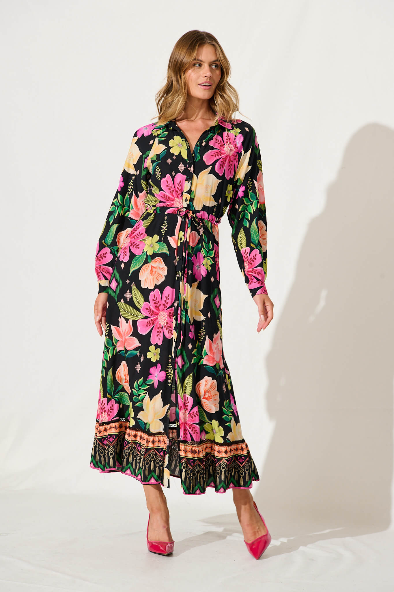 Sanctuary Maxi Shirt Dress In Black With Bright Multi Floral - full length