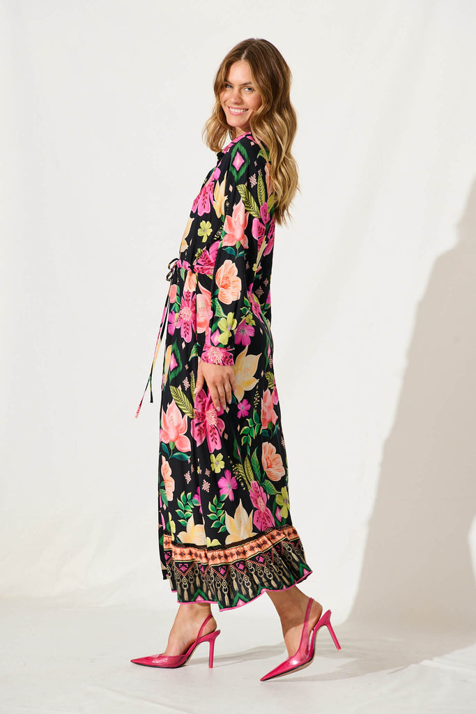 Sanctuary Maxi Shirt Dress In Black With Bright Multi Floral - side