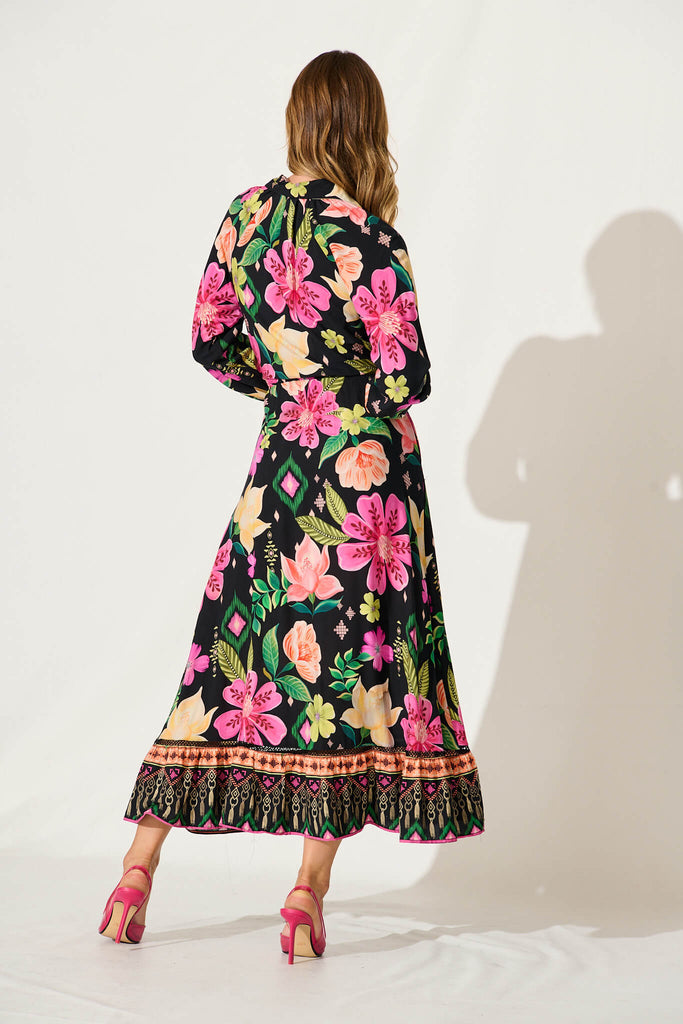 Sanctuary Maxi Shirt Dress In Black With Bright Multi Floral - back