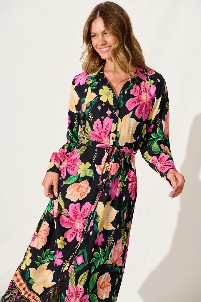 Sanctuary Maxi Shirt Dress In Black With Bright Multi Floral - front