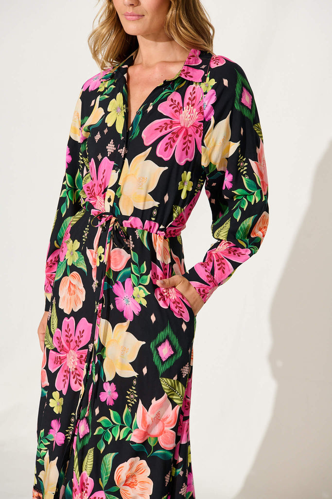 Sanctuary Maxi Shirt Dress In Black With Bright Multi Floral - detail