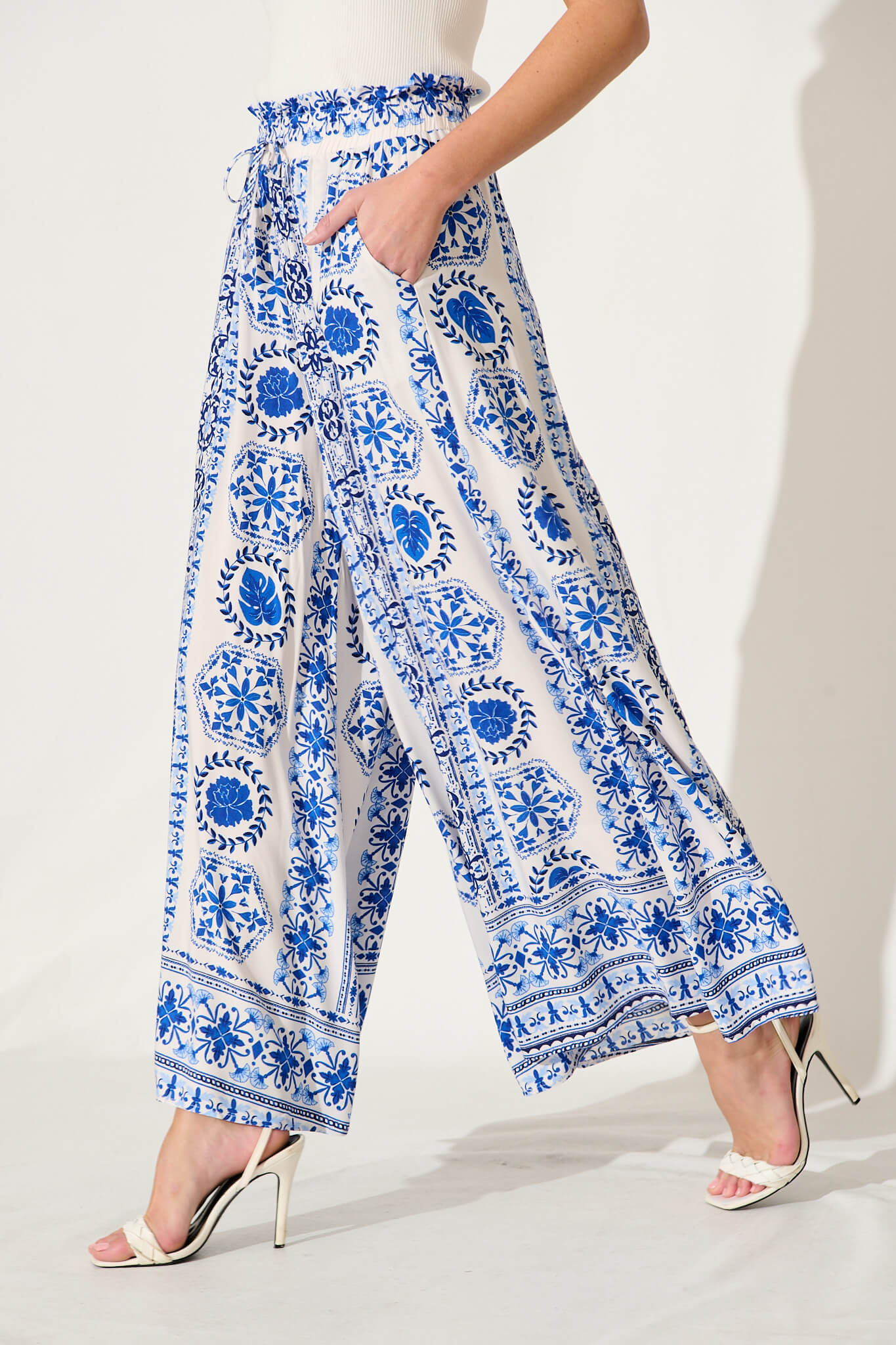 Mariah Pant In White With Blue Tile Border Print - side