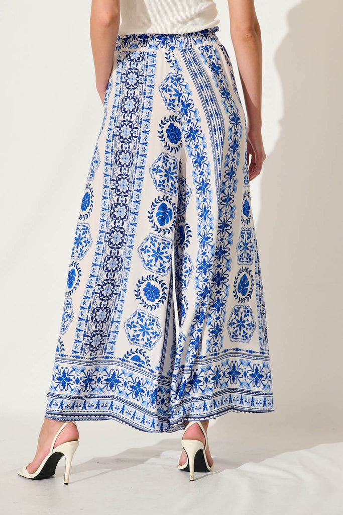 Mariah Pant In White With Blue Tile Border Print - back