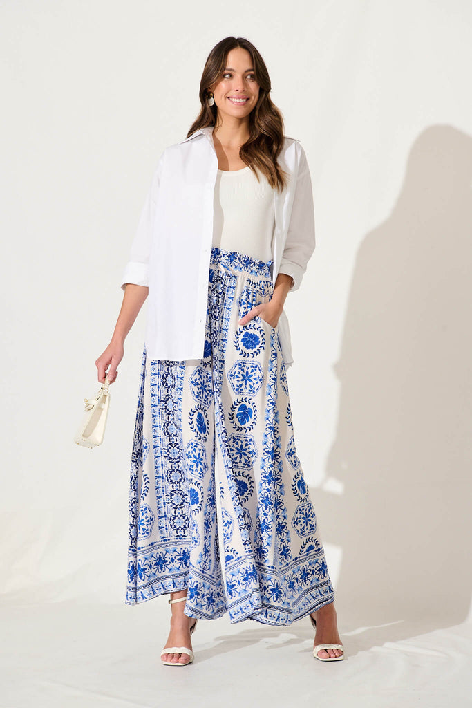 Mariah Pant In White With Blue Tile Border Print - full length