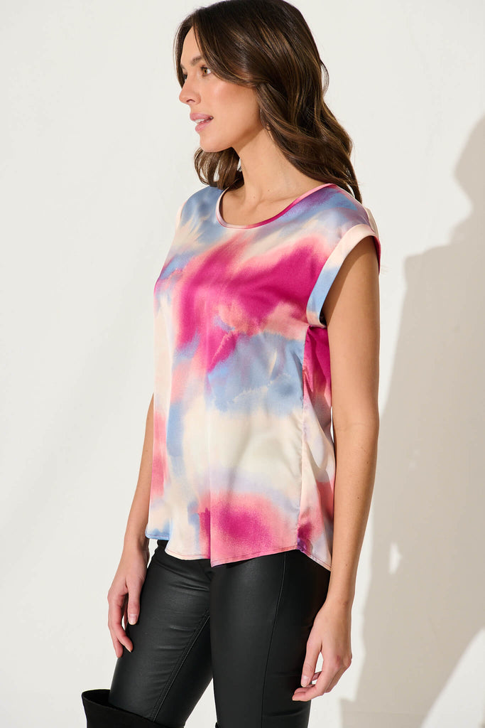 Rejina Top In Pink And Blue Watercolour Satin - side