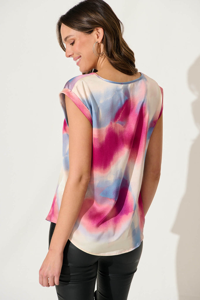 Rejina Top In Pink And Blue Watercolour Satin - back