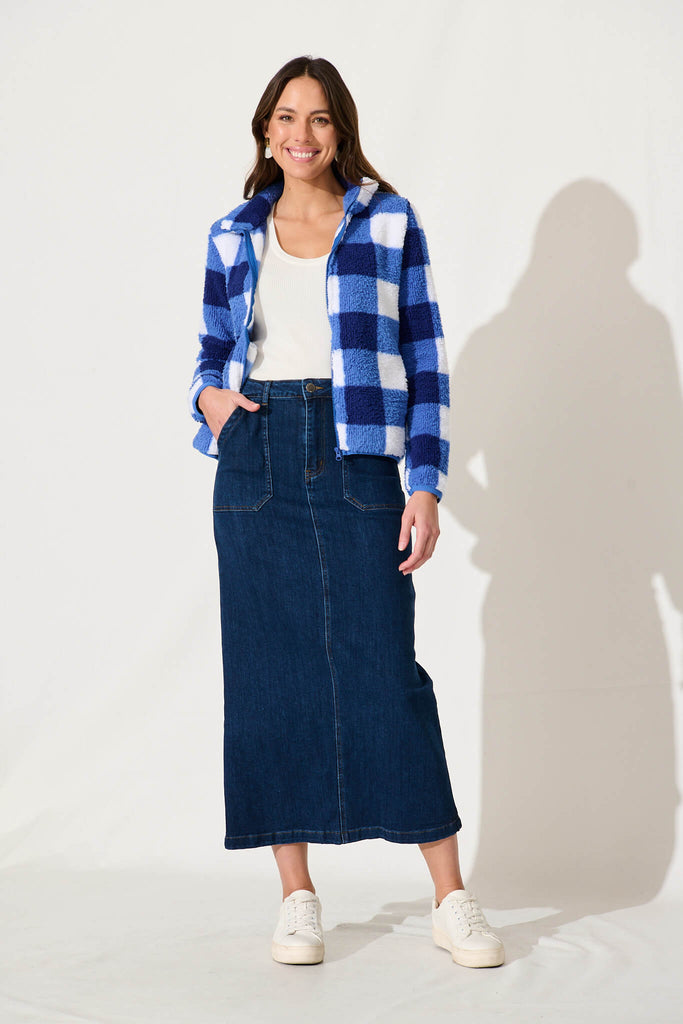 Linea Fluffy Jacket In Cobalt With White Check - full length