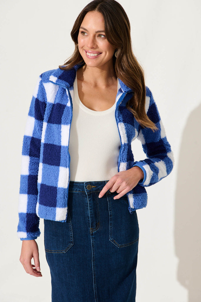 Linea Fluffy Jacket In Cobalt With White Check - front