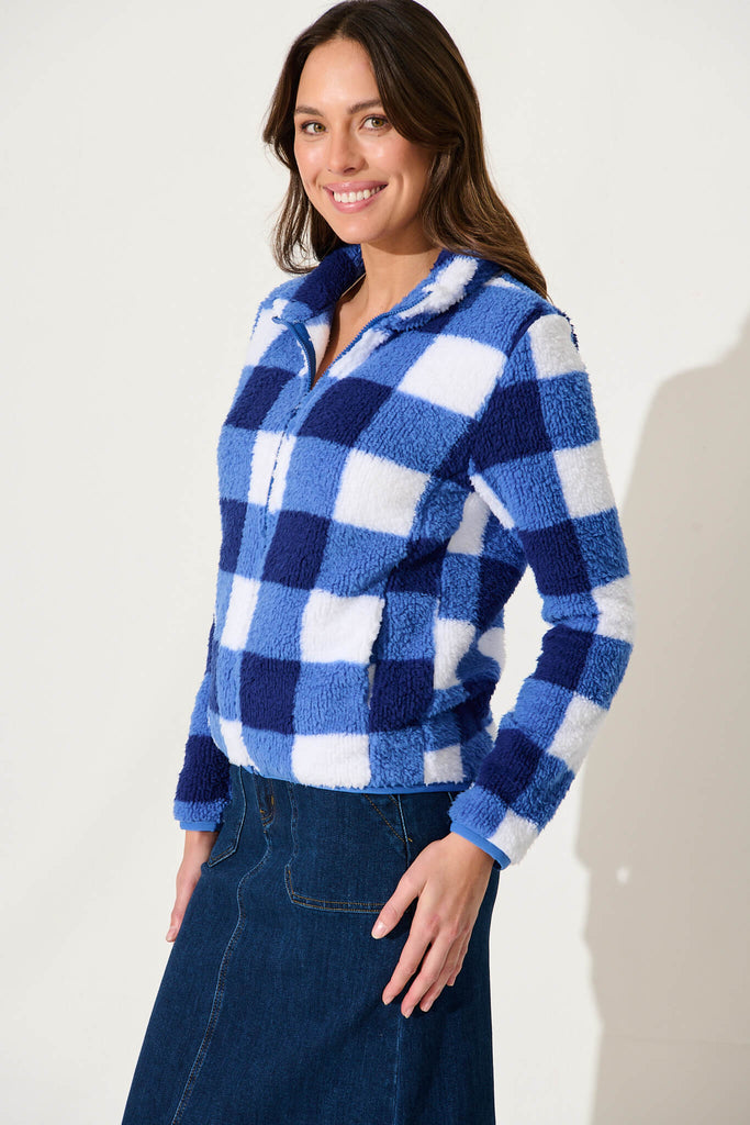 Linea Fluffy Jacket In Cobalt With White Check - side