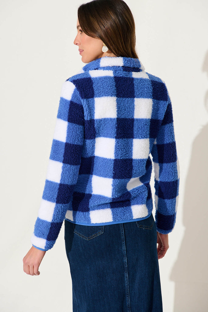 Linea Fluffy Jacket In Cobalt With White Check - back