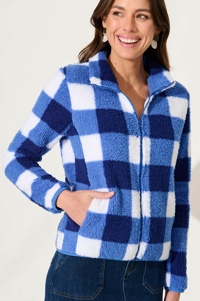 Linea Fluffy Jacket In Cobalt With White Check - detail