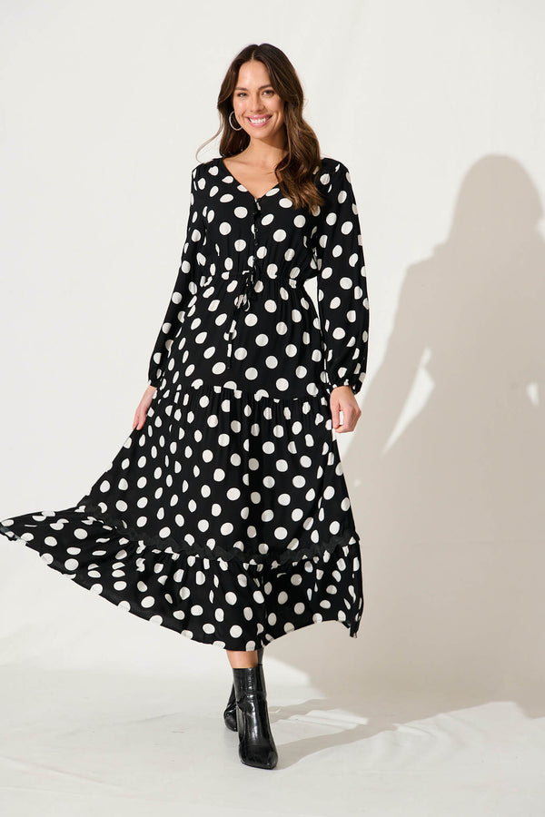 Elia Maxi Dress In Black With White Polka Dot Ric Rac – St Frock