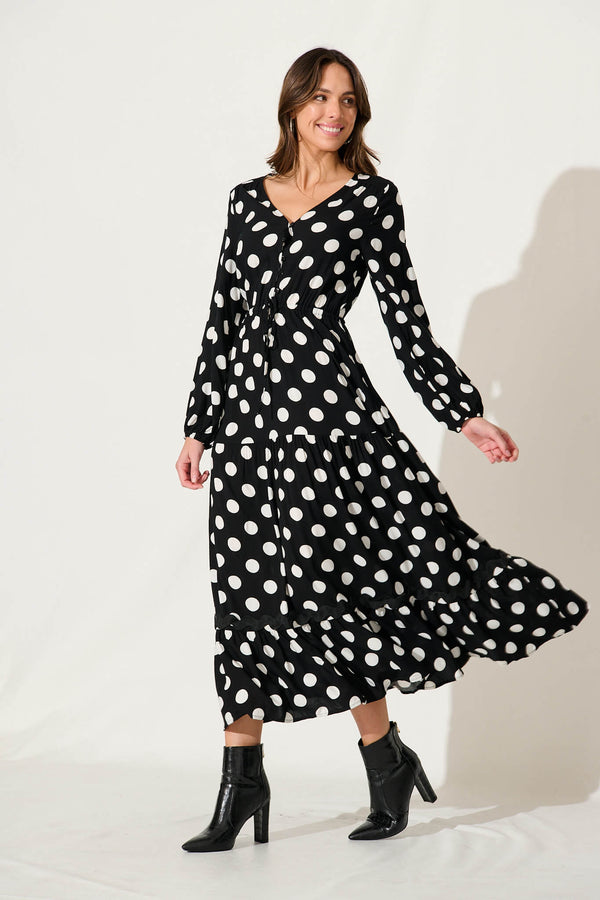 Elia Maxi Dress In Black With White Polka Dot Ric Rac – St Frock