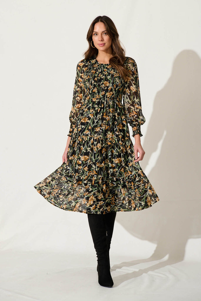 Jaseline Midi Dress In Black With Multi Floral Chiffon - full length