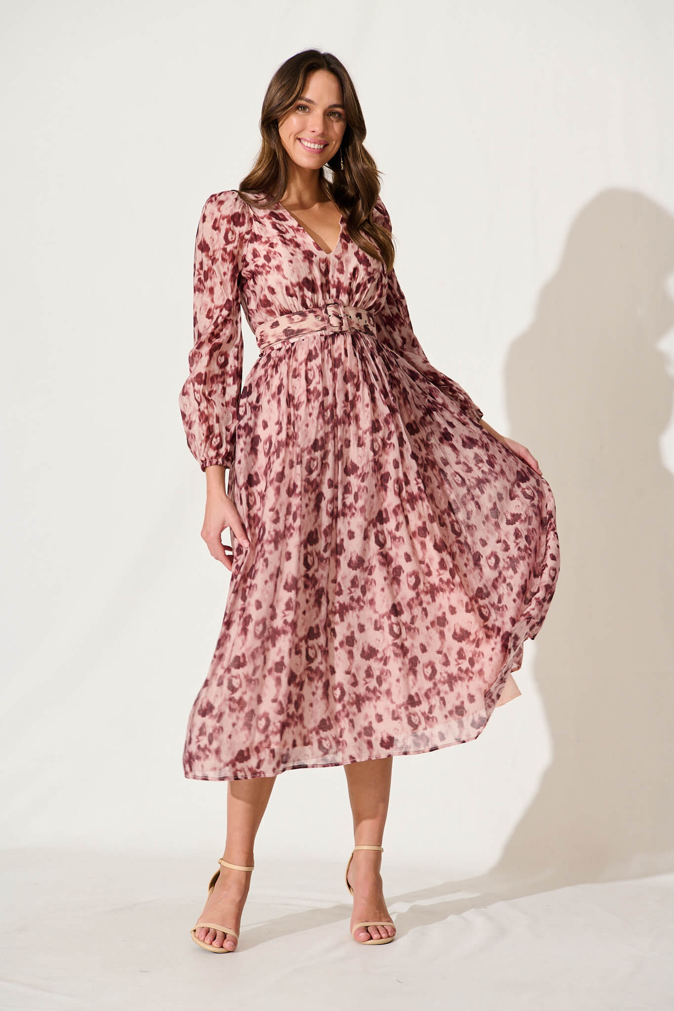 Vichy Midi Dress In Dark Rose Watercolour Cotton Blend - full length