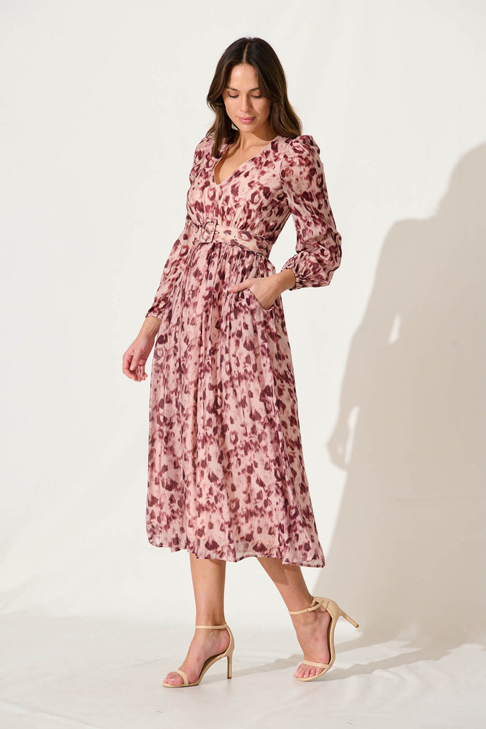 Vichy Midi Dress In Dark Rose Watercolour Cotton Blend - side