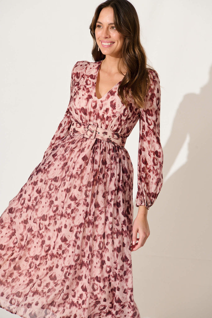 Vichy Midi Dress In Dark Rose Watercolour Cotton Blend - front