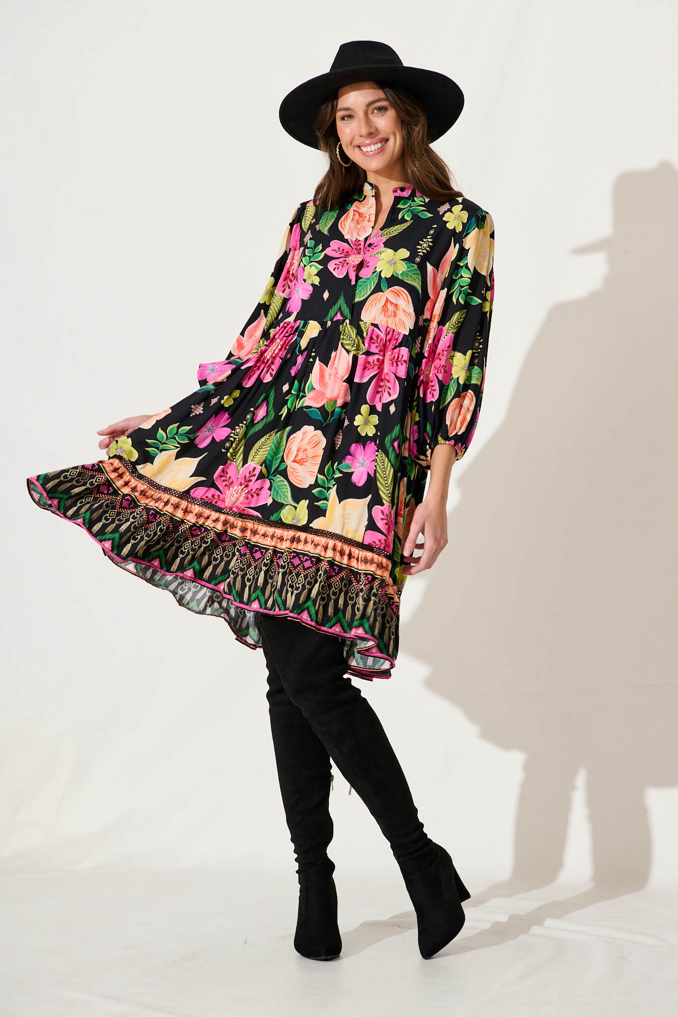 Mimi Smock Dress In Black With Bright Multi Floral - full length