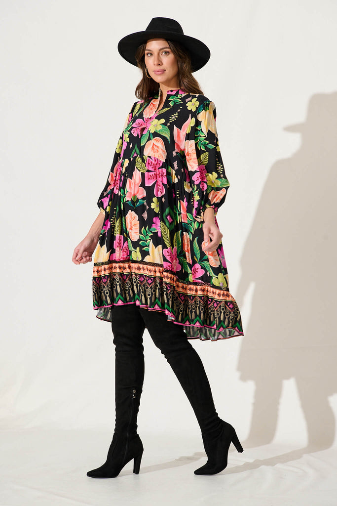 Mimi Smock Dress In Black With Bright Multi Floral - side