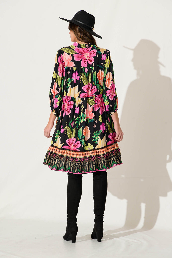 Mimi Smock Dress In Black With Bright Multi Floral - back