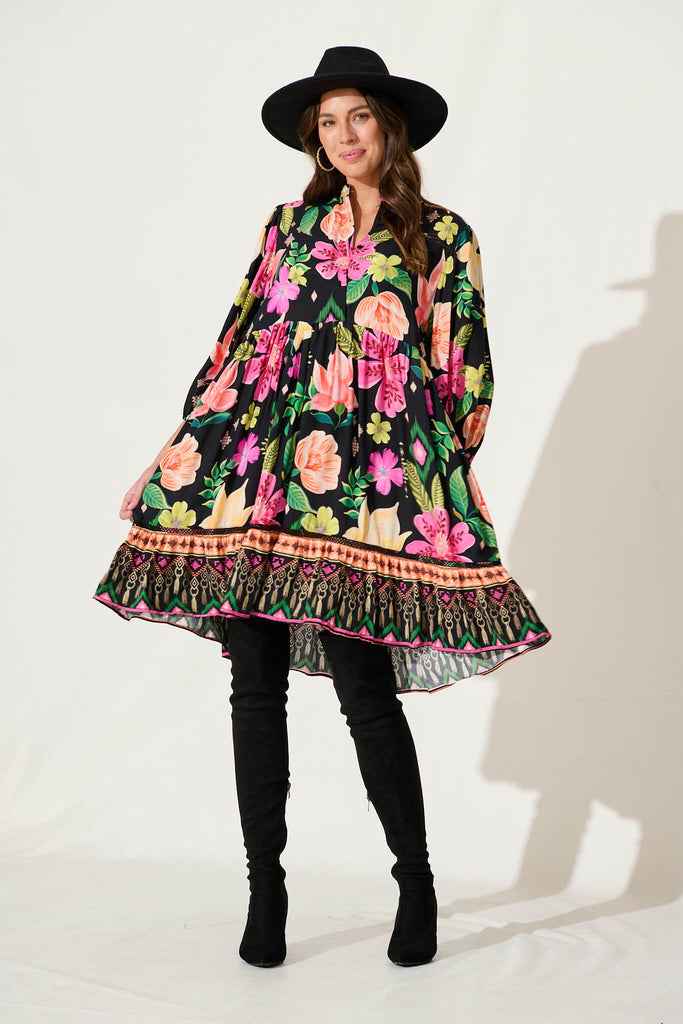 Mimi Smock Dress In Black With Bright Multi Floral - full length