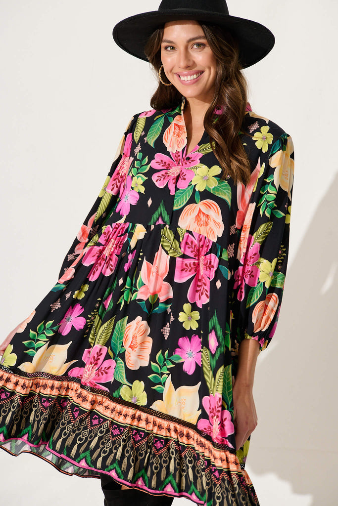 Mimi Smock Dress In Black With Bright Multi Floral - front