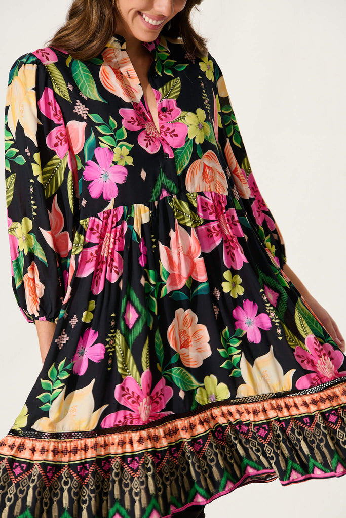 Mimi Smock Dress In Black With Bright Multi Floral - detail