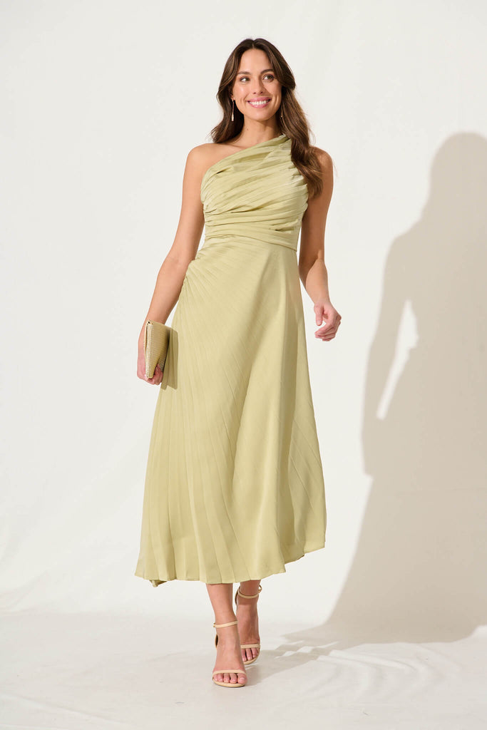 Toulon One Shoulder Maxi Dress In Sage Satin - full length