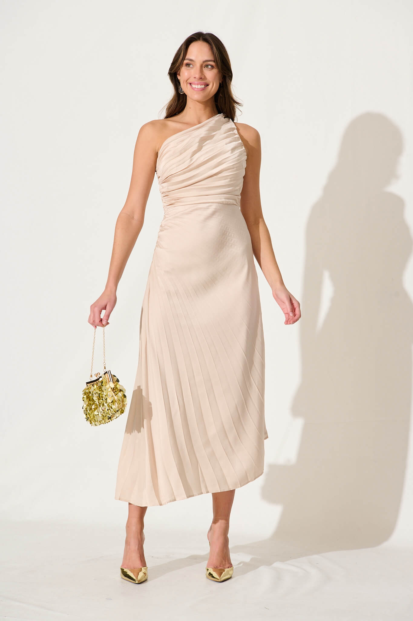 Toulon One Shoulder Maxi Dress In Champagne Satin - full length