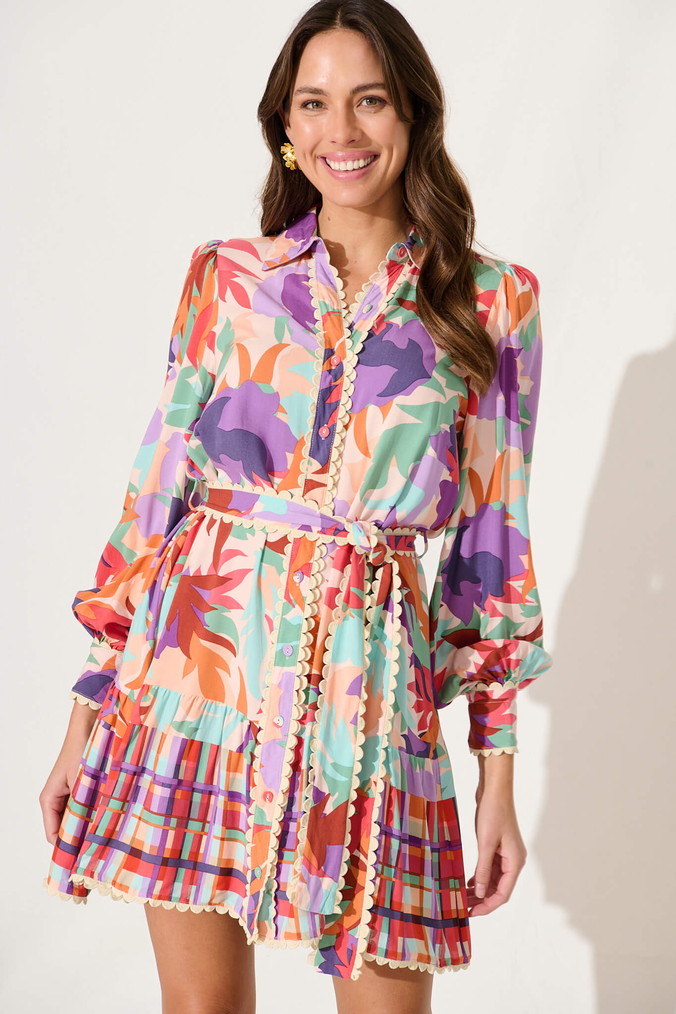 Cali Shirt Dress In Bright Multi Leaf Print – St Frock