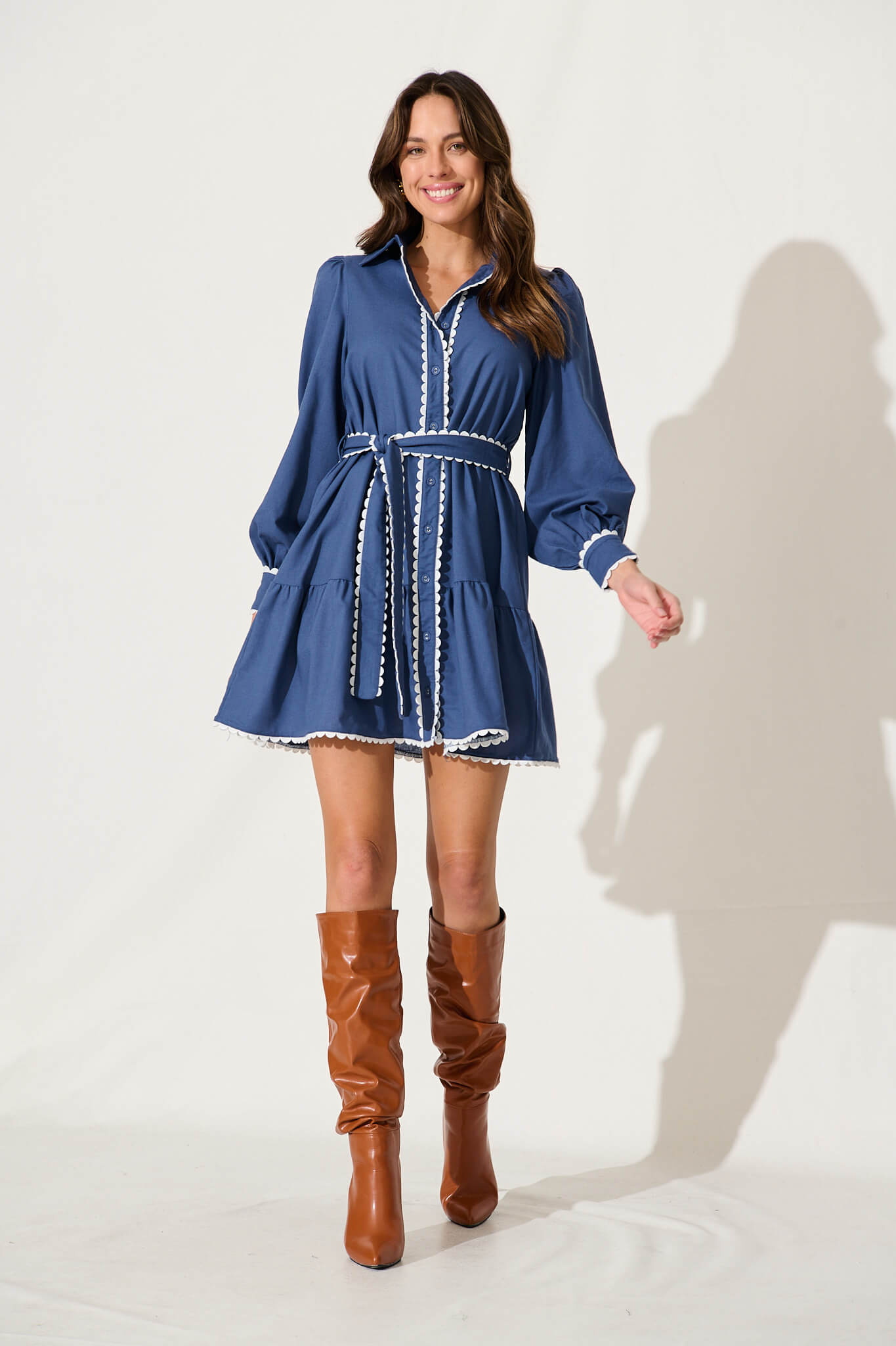 Cali Shirt Dress In Dark Blue Cotton Linen - full length