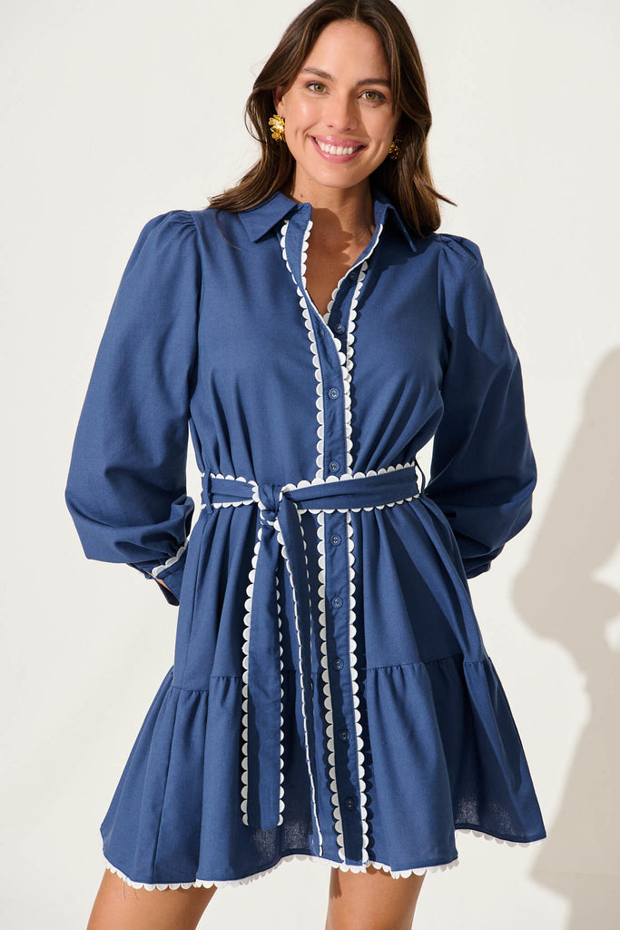 Cali Shirt Dress In Dark Blue Cotton Linen - front