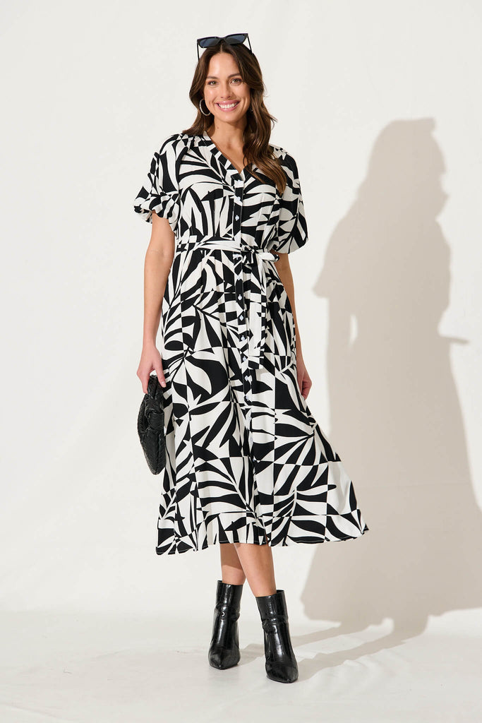 Jessie Midi Dress In White With Black Print - full length