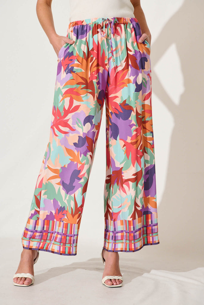 Romeo Pant In Bright Multi Leaf Print - full length