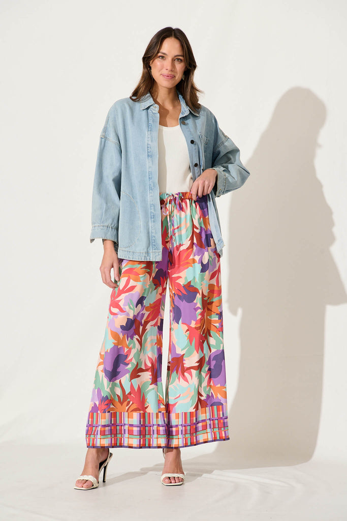 Romeo Pant In Bright Multi Leaf Print - full length